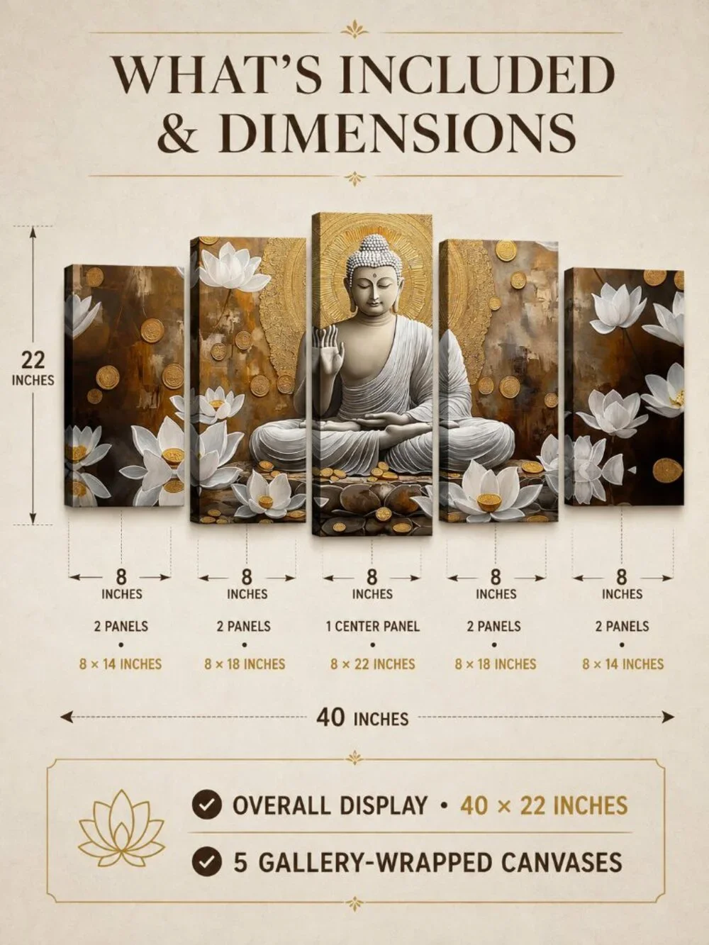 Buddha Gold Lotus Zen Canvas Wall Art Set 5pc 40x22 Framed